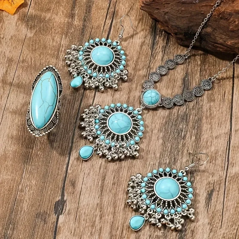 4pcs Bohemian Jewelry Set, Turquoise Inlay, Necklace, Earrings, and Ring Combo