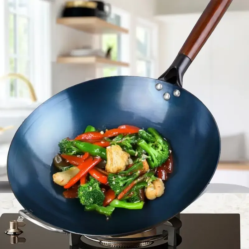 14-inch traditional uncoated cast iron frying pan set with anti-bluing technology, lightweight non-stick design, suitable for gas and induction cooktops
