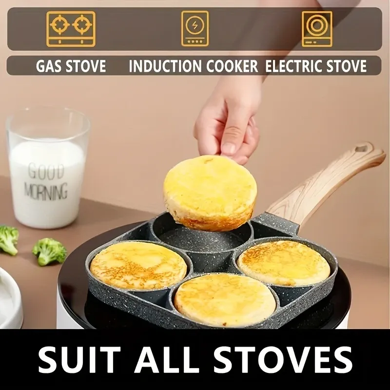 1pc Versatile 4-Hole Non-Stick Frying Pan for Omelettes, Eggs, Dumplings & Steaks - Durable Aluminum Alloy, Perfect for Breakfast & More, Induction Cooktop Compatible