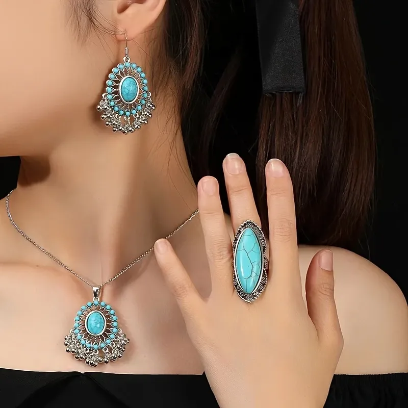4pcs Bohemian Jewelry Set, Turquoise Inlay, Necklace, Earrings, and Ring Combo