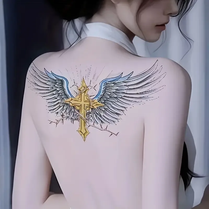 Large Golden Cross Wing Temporary Tattoo Sticker - Waterproof, Realistic Fake Tattoo for Chest, Waist, Back - Stylish Blue & Golden Design for Men and Women, Back Tattoo|Elegant Design|Waterproof Material, Large Tattoo