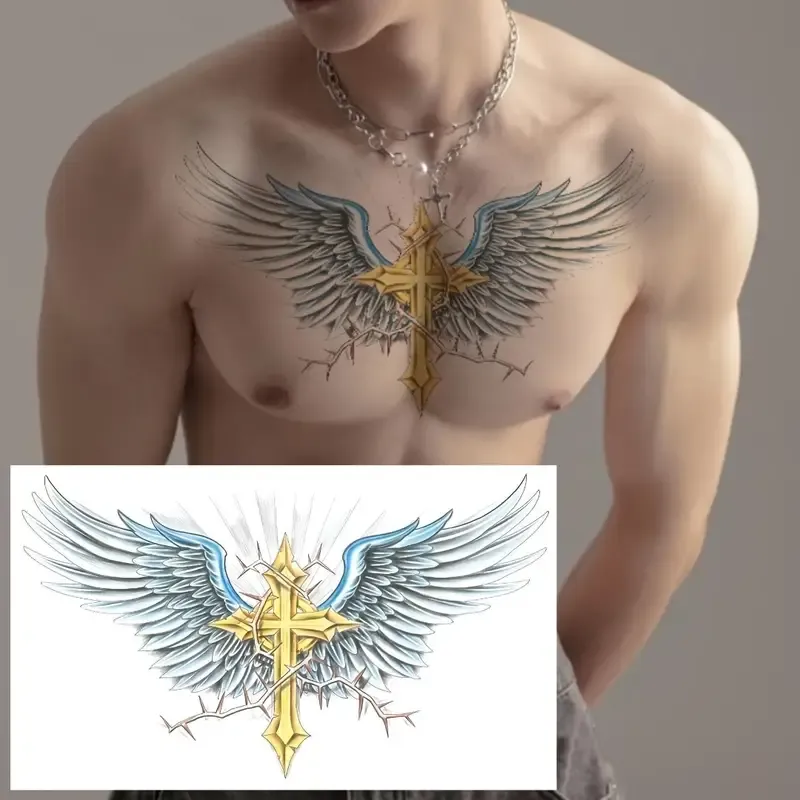 Large Golden Cross Wing Temporary Tattoo Sticker - Waterproof, Realistic Fake Tattoo for Chest, Waist, Back - Stylish Blue & Golden Design for Men and Women, Back Tattoo|Elegant Design|Waterproof Material, Large Tattoo