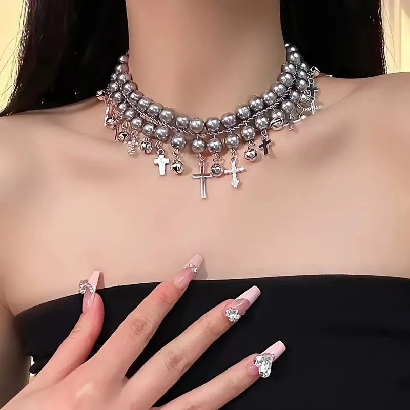 Vintage Double Layer Imitation Pearl Choker Necklace with Cross Charms Pendant for Women, Fashion Clavicle Chain Accessories, Suitable for Daily Wear - All Season Compatible
