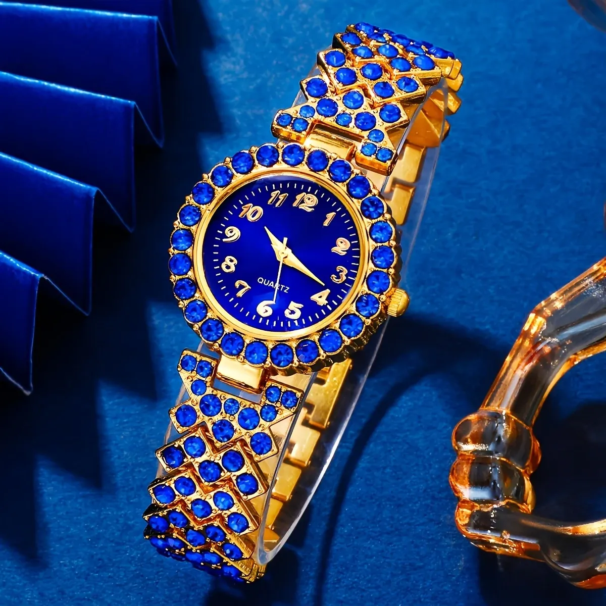 Elegant 6pcs Ladies Quartz Watch and Jewelry Set, Blue Heart-Shaped Bracelet, Round Zinc Alloy Case, Non-Rechargeable Battery, Perfect Gift for Birthday, New Year, Valentine's
