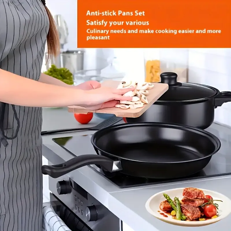 13pcs cast iron cookware set, non-stick POTS and pans with glass LIDS, lightweight and portable, including frying pan, milk pan and nylon cutlery, perfect for camping, picnicking, traveling - black