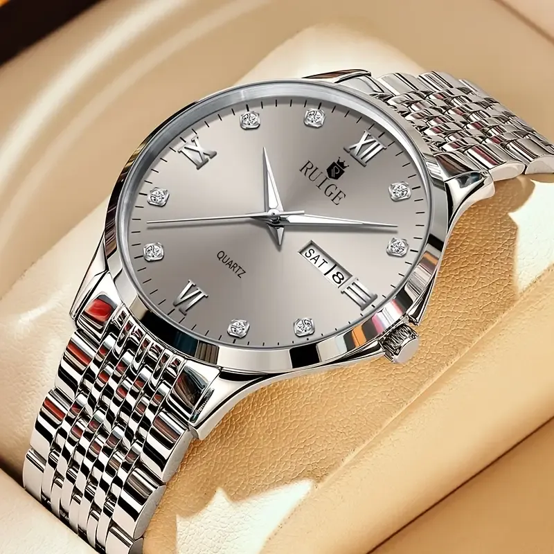 RUIGE Fashion Business Men'S Watch Stainless Steel Men'S Weekly Calendar Night Light Versatile Men'S Quartz Watch B2-2