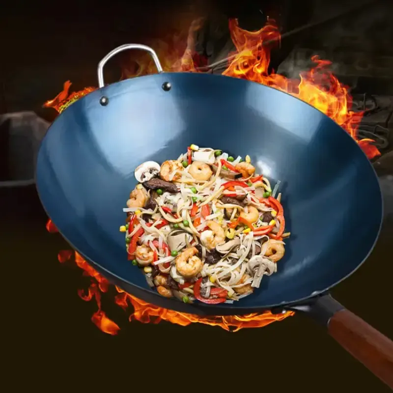 14-inch traditional uncoated cast iron frying pan set with anti-bluing technology, lightweight non-stick design, suitable for gas and induction cooktops