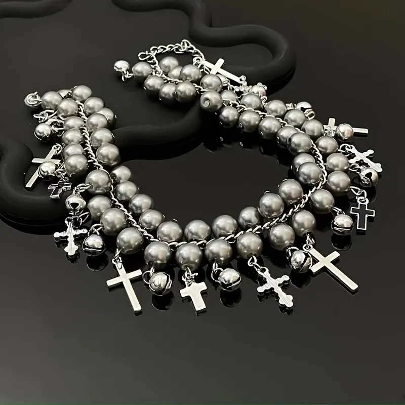 Vintage Double Layer Imitation Pearl Choker Necklace with Cross Charms Pendant for Women, Fashion Clavicle Chain Accessories, Suitable for Daily Wear - All Season Compatible