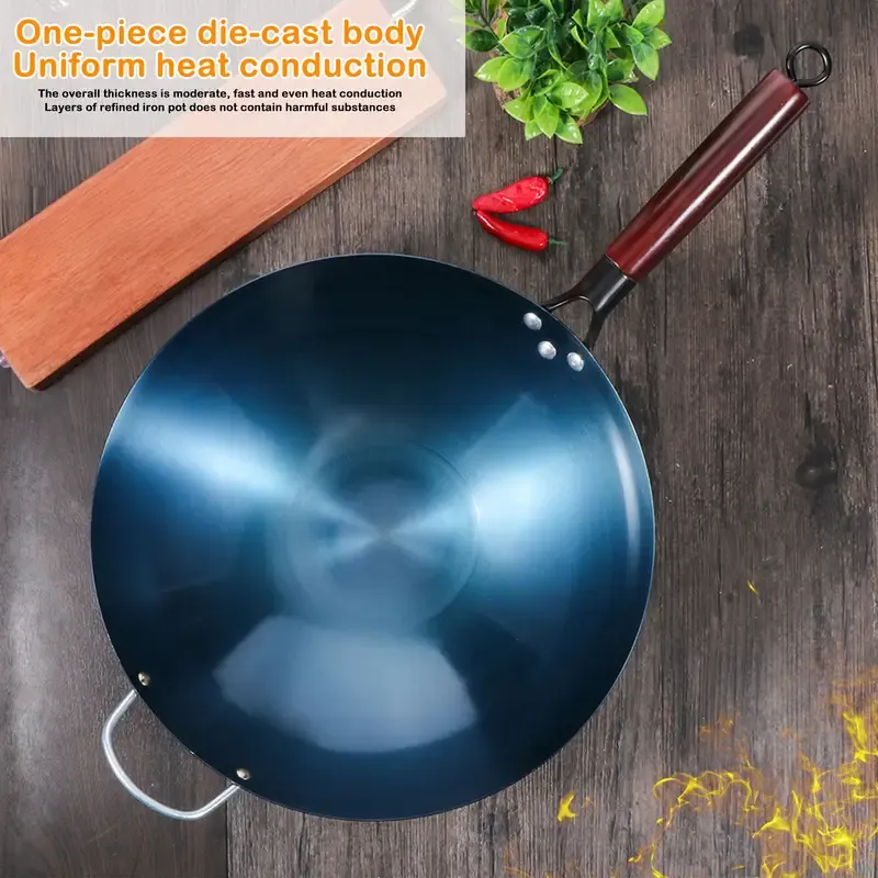 14-inch traditional uncoated cast iron frying pan set with anti-bluing technology, lightweight non-stick design, suitable for gas and induction cooktops