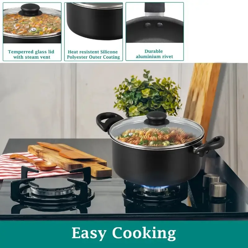 13pcs cast iron cookware set, non-stick POTS and pans with glass LIDS, lightweight and portable, including frying pan, milk pan and nylon cutlery, perfect for camping, picnicking, traveling - black