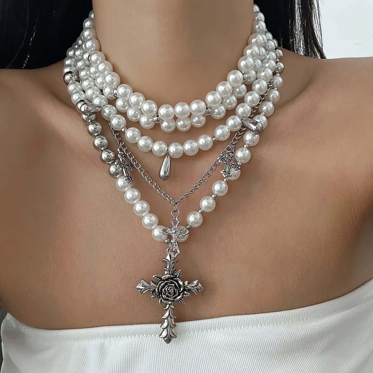 Niche Design Multi-layer Pearl Cross Pendant Necklace Women's Personality Versatile Clavicle Chain Fashion High-end Necklace