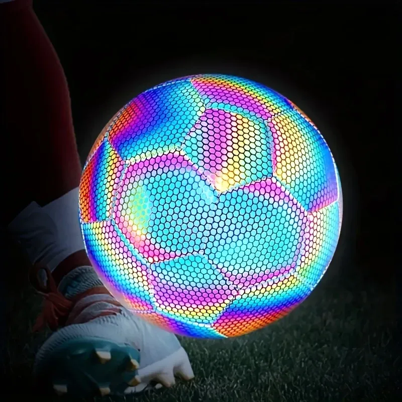 Reflective Multicolor Glow-in-the-Dark PU Soccer Ball, Artificially Sewn, Durable Faux Leather, Machine Crafted, Perfect for Night Training & Games, Ideal Gift for Christmas, Halloween, New Year