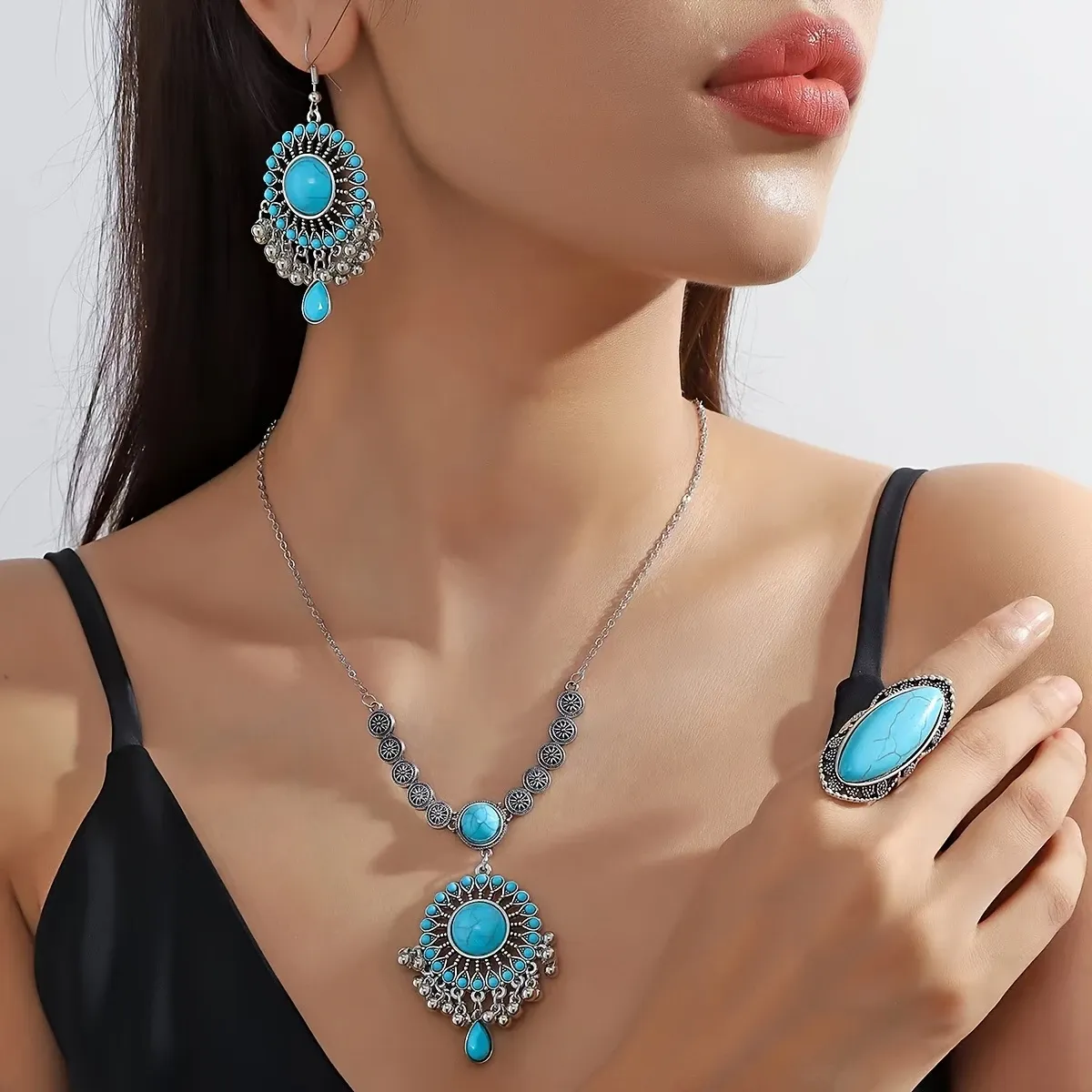 4pcs Bohemian Jewelry Set, Turquoise Inlay, Necklace, Earrings, and Ring Combo