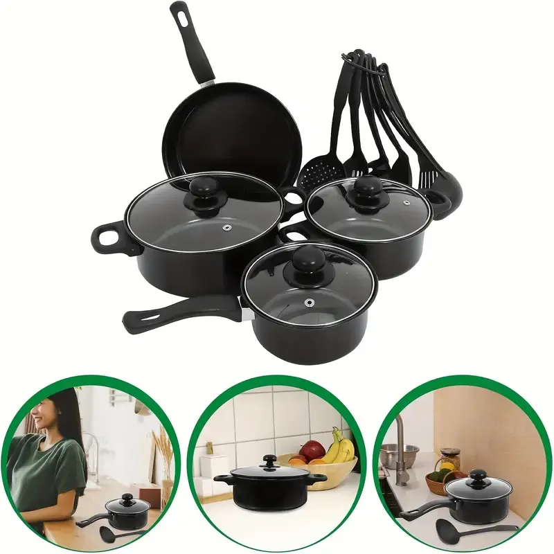 13pcs cast iron cookware set, non-stick POTS and pans with glass LIDS, lightweight and portable, including frying pan, milk pan and nylon cutlery, perfect for camping, picnicking, traveling - black