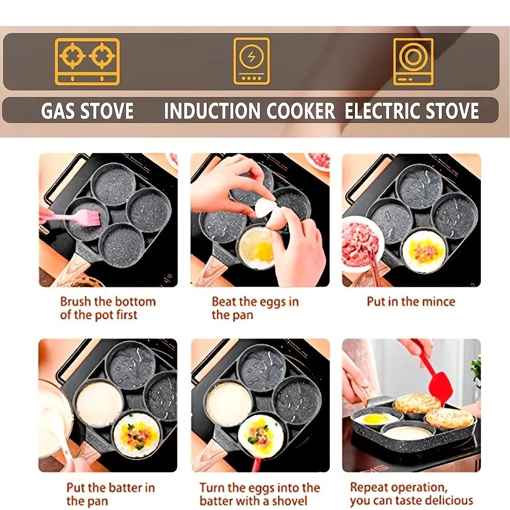1pc Versatile 4-Hole Non-Stick Frying Pan for Omelettes, Eggs, Dumplings & Steaks - Durable Aluminum Alloy, Perfect for Breakfast & More, Induction Cooktop Compatible