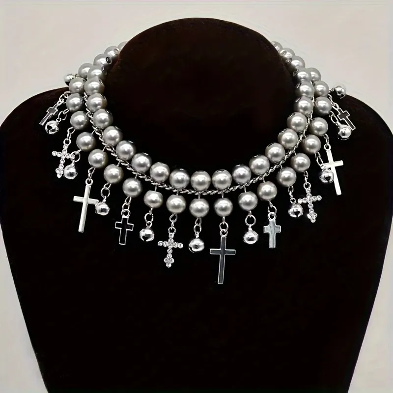 Vintage Double Layer Imitation Pearl Choker Necklace with Cross Charms Pendant for Women, Fashion Clavicle Chain Accessories, Suitable for Daily Wear - All Season Compatible