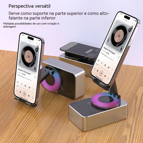 Suporte de Celular com Luzes Coloridas 3 em 1: Alto-Falante Bluetooth + Carregador Portátil, Dobrável e Portátil, Melhor Amigo para Maratonar Séries e Assistir ao Vivo na Mesa