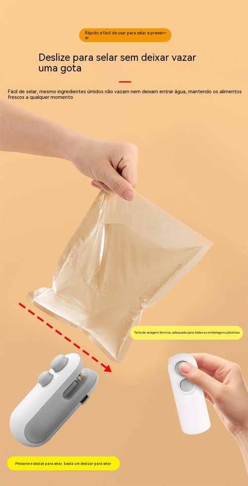 Selador mini recarregável por USB: basta deslizar para vedar hermeticamente sem vazamentos de água, basta deslizar novamente para abrir os sacos com muita facilidade! Compre um e poupe muito dinheiro em gastos com comida!