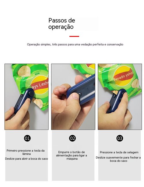 Selador mini recarregável por USB: basta deslizar para vedar hermeticamente sem vazamentos de água, basta deslizar novamente para abrir os sacos com muita facilidade! Compre um e poupe muito dinheiro em gastos com comida!