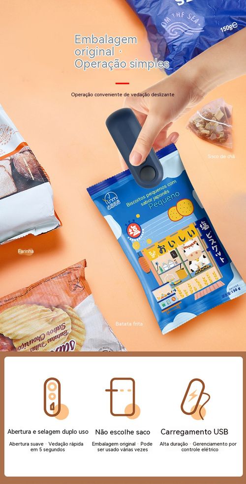 Selador mini recarregável por USB: basta deslizar para vedar hermeticamente sem vazamentos de água, basta deslizar novamente para abrir os sacos com muita facilidade! Compre um e poupe muito dinheiro em gastos com comida!