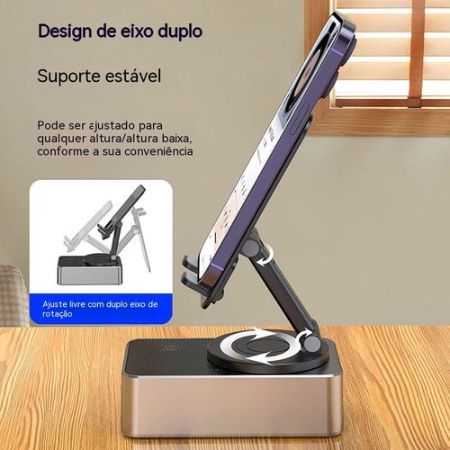 Suporte de Celular com Luzes Coloridas 3 em 1: Alto-Falante Bluetooth + Carregador Portátil, Dobrável e Portátil, Melhor Amigo para Maratonar Séries e Assistir ao Vivo na Mesa
