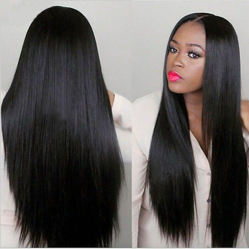 Long straight black center-parted princess wig