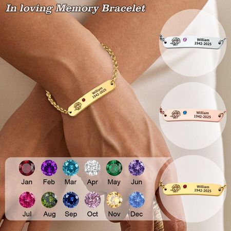 Personalized Name Date and Birthstone Memorial Bracelet-Free Shipping