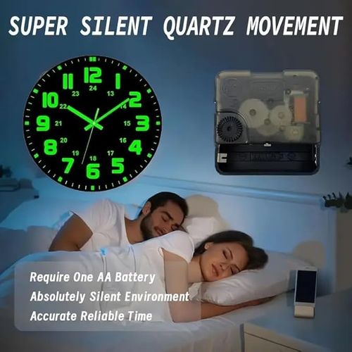 30.48cm Silent Luminous Vinyl Wall Clock - Black with Glow-in-the-Dark Green Numbers & Hands, Large Bold Display for Bedroom, Living Room, or Kitchen, Wall Clock Living Room