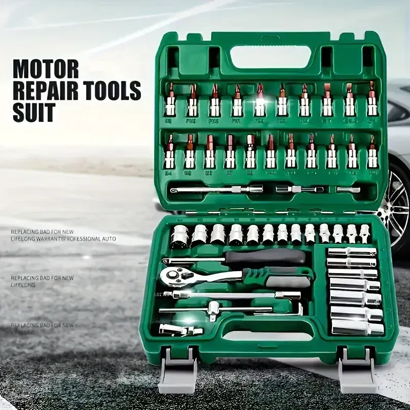 46pcs Professional Socket Set 1-4 Drive with Reversible Ratchet Wrench፣ Metric Sockets & Extensions ለአውቶሞቲቭ እና የቤት ጥገና - የሚበረክት የብረት የእጅ መሳሪያ ኪት፣ ምንም ኃይል ወይም ባትሪ አያስፈልግም