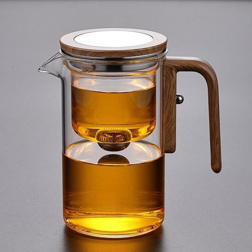 High end wooden handle glass teapot with filter  （A high-end combination tea set with a large pot and four small cups and wooden handles）