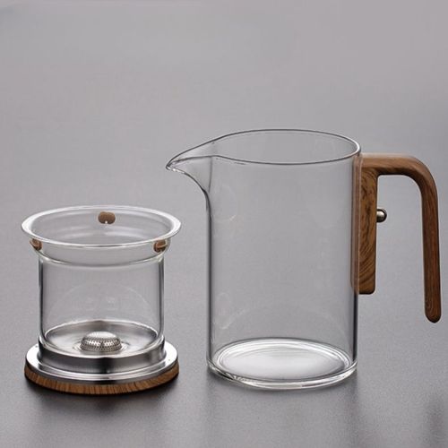 High end wooden handle glass teapot with filter  （A high-end combination tea set with a large pot and four small cups and wooden handles）