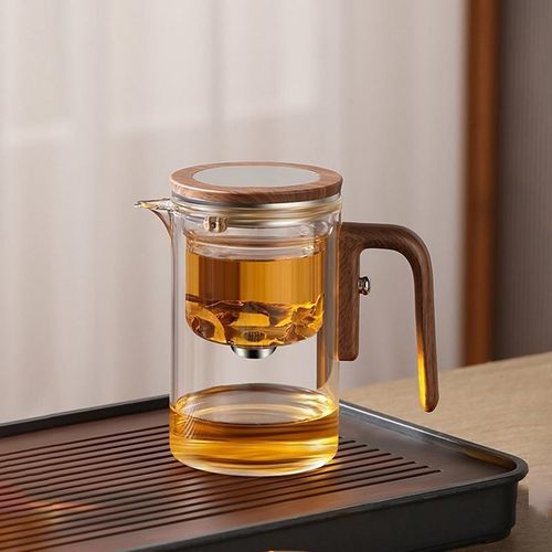 High end wooden handle glass teapot with filter  （A high-end combination tea set with a large pot and four small cups and wooden handles）