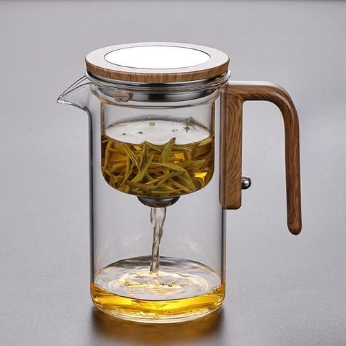 High end wooden handle glass teapot with filter  （A high-end combination tea set with a large pot and four small cups and wooden handles）