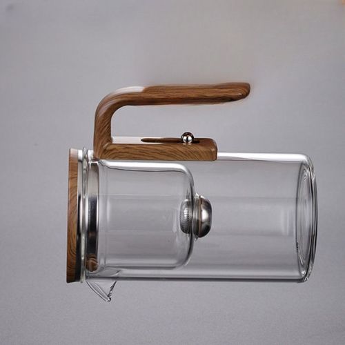 High end wooden handle glass teapot with filter  （A high-end combination tea set with a large pot and four small cups and wooden handles）