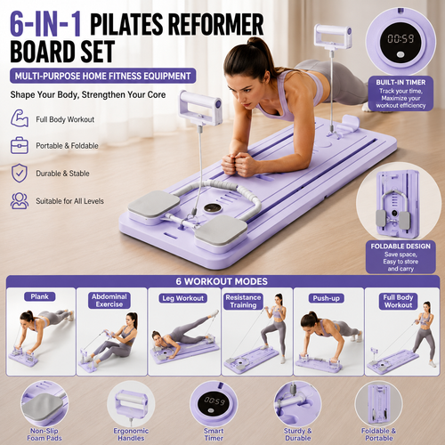6-in-1 Multi-Purpose Foldable Plastic Pilates Reformer Board Set with Timer Home Ab Exercise Equipment and Abs Roller, Multifunctional training board
