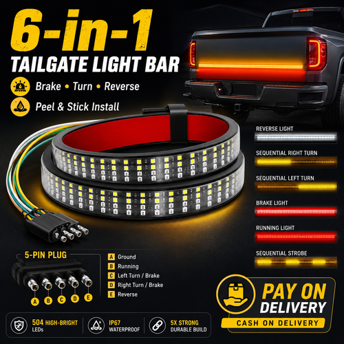 6-in-1 Pickup Tailgate LED Light Bar | Brake Turn Reverse Signal Strip