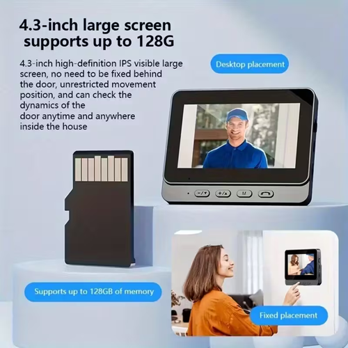 Wireless Video Doorbell with 16GB Card, Visual Doorbell Camera Wifi, HD Video & with 4.3 Inch Display Screen Real Time Indoor Monitor, No App Required, No Network Required, Images & Videos Recording, Local Storage, Enhanced Night Vision, Two-Way Audio, Long Battery