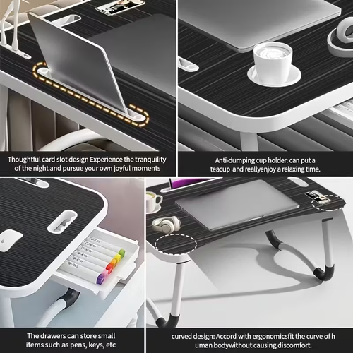USB Laptop Bed Table, Laptop Desk For Bed, Foldable Laptop Bed Desk With USB Charge Port, Handle, Desktop Card Slot, Cup Slot, Side Drawer, Portable Laptop Table For Bed Eating Reading Working