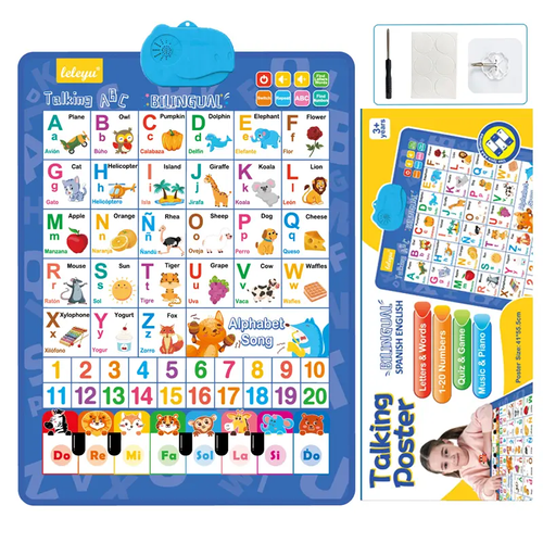 🚀2025 New Talking Wall Chart for Kids – English & Spanish Learning Poster with Songs, ABCs, Numbers, Animal words & Piano