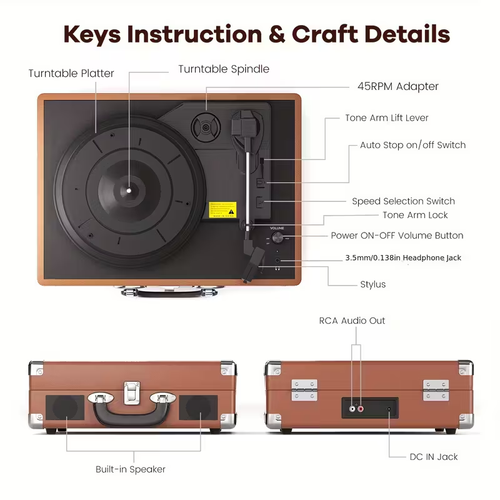 C210 Vintage Gramophone, Vinyl Record, Turntable, Gramophone Device, High-fidelity Stereo, Built-in Speaker, 3-speed, Belt-driven Vintage Gramophone, 3.5mm Music Output, Can Be Connected to External Speakers