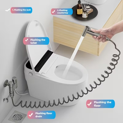 Sleek Black Stainless Steel Dual-Function Toilet Spray Gun - Handheld Bidet Sprayer with One Inlet and Two Outlets for Bathroom & Laundry, Easy Installation, No Power Required