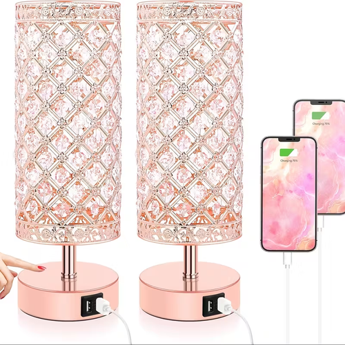 Touch Control Crystal Table Lamps With 2 USB Ports, 3-Way Dimmable Bedside Nightstand Lamps With Decorative Crystal, Small Table Lamps For Bedroom Living Room, Office, Led Bulbs Included