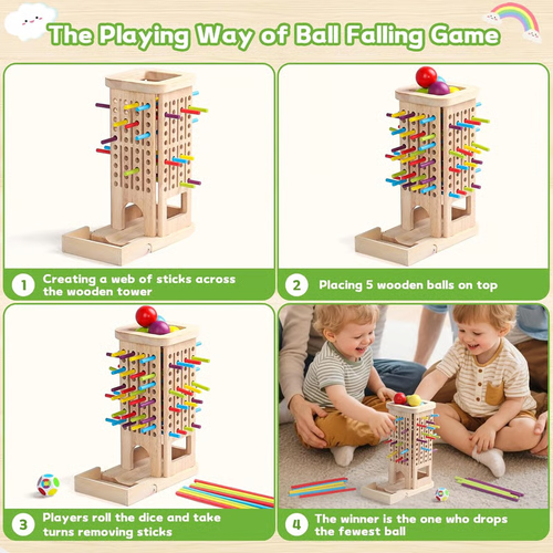 Montessori Game Wooden Stick Tower Toy With Sticks Dice Motor Skills Development