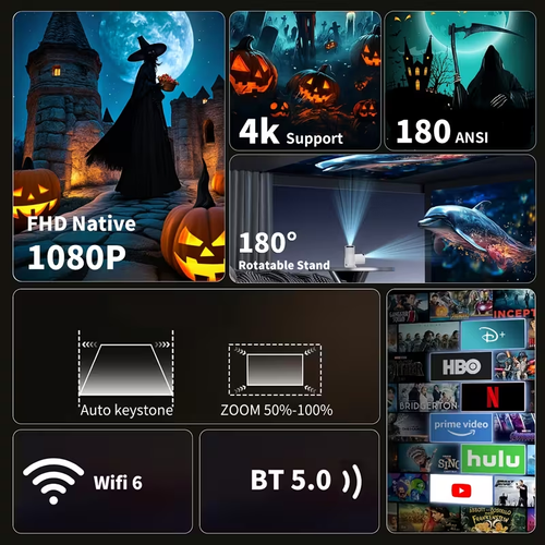 1x HY300 Pro Mini Portable Projector with Android 11.0 OS, 4K,1080P Smart Projector, Built-in Speakers, 180° Screen Rotation, Compatible with Netflix,YouTube,Hulu, Plug & Play Home Theater Projector for PC,Laptop-Free Movies, Smart TV