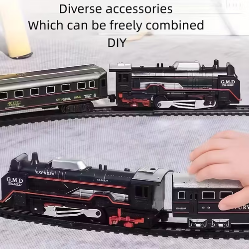 Electric Locomotive with 10 Carriages - Classic Black & Red Train Set, Simulated Lights & Tracks, Manual Operation, No Batteries Needed, Perfect for Christmas & Easter Gifts, Holiday Playset