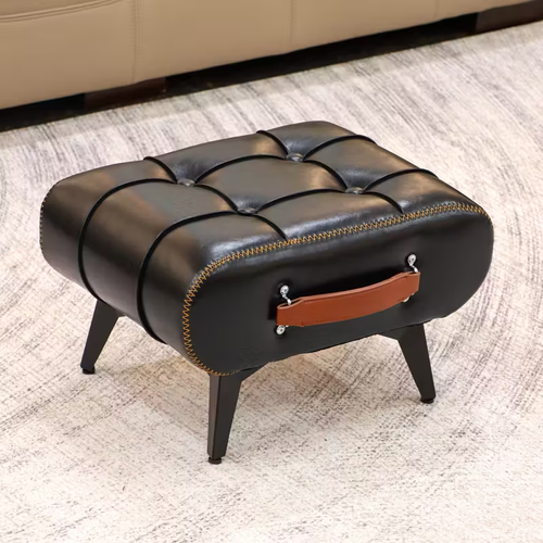 1pc High Quality Oil Wax Leather Low Stools, Footstools, Leather Padded Footstools, Stylish & Versatile For Sofa End, Shoe Changing Stools For Living Rooms, Corridors, Foyers, Entrance, Bedroom, Home Decor Furniture, Furniture For Home