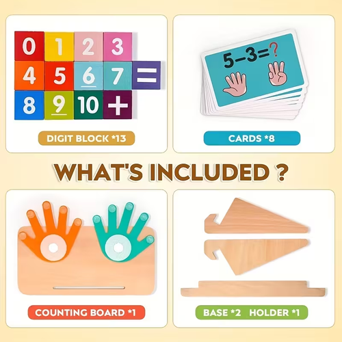 1 counting board, 13 digit blocks, 10 cards, 2 bases, 1 bracket to cultivate cognitive abilities, mathematical operations, addition, subtraction, and matching, Halloween, Christmas, and New Year gifts