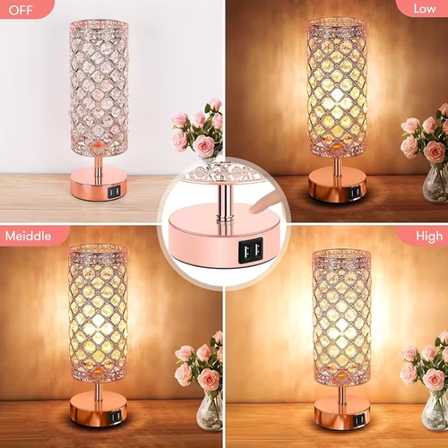 Touch Control Crystal Table Lamps With 2 USB Ports, 3-Way Dimmable Bedside Nightstand Lamps With Decorative Crystal, Small Table Lamps For Bedroom Living Room, Office, Led Bulbs Included