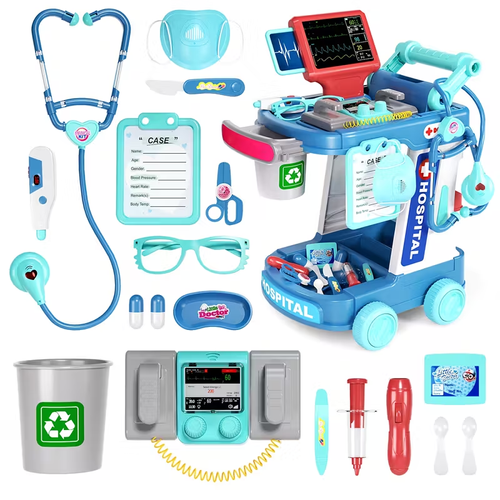 Doctor Game Medical Cart Set , Movable Doctor Toy Table with Stethoscope and Thermometer, Role Playing Doctor Nurse Kit, Various Medical Equipment Toys , Birthday, Thanksgiving and Christmas Gift