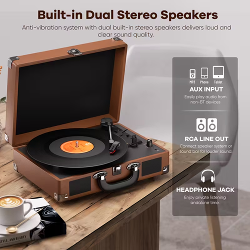 C210 Vintage Gramophone, Vinyl Record, Turntable, Gramophone Device, High-fidelity Stereo, Built-in Speaker, 3-speed, Belt-driven Vintage Gramophone, 3.5mm Music Output, Can Be Connected to External Speakers